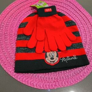 Disney Minnie Mouse Red and Black Striped Beanie and Gloves
